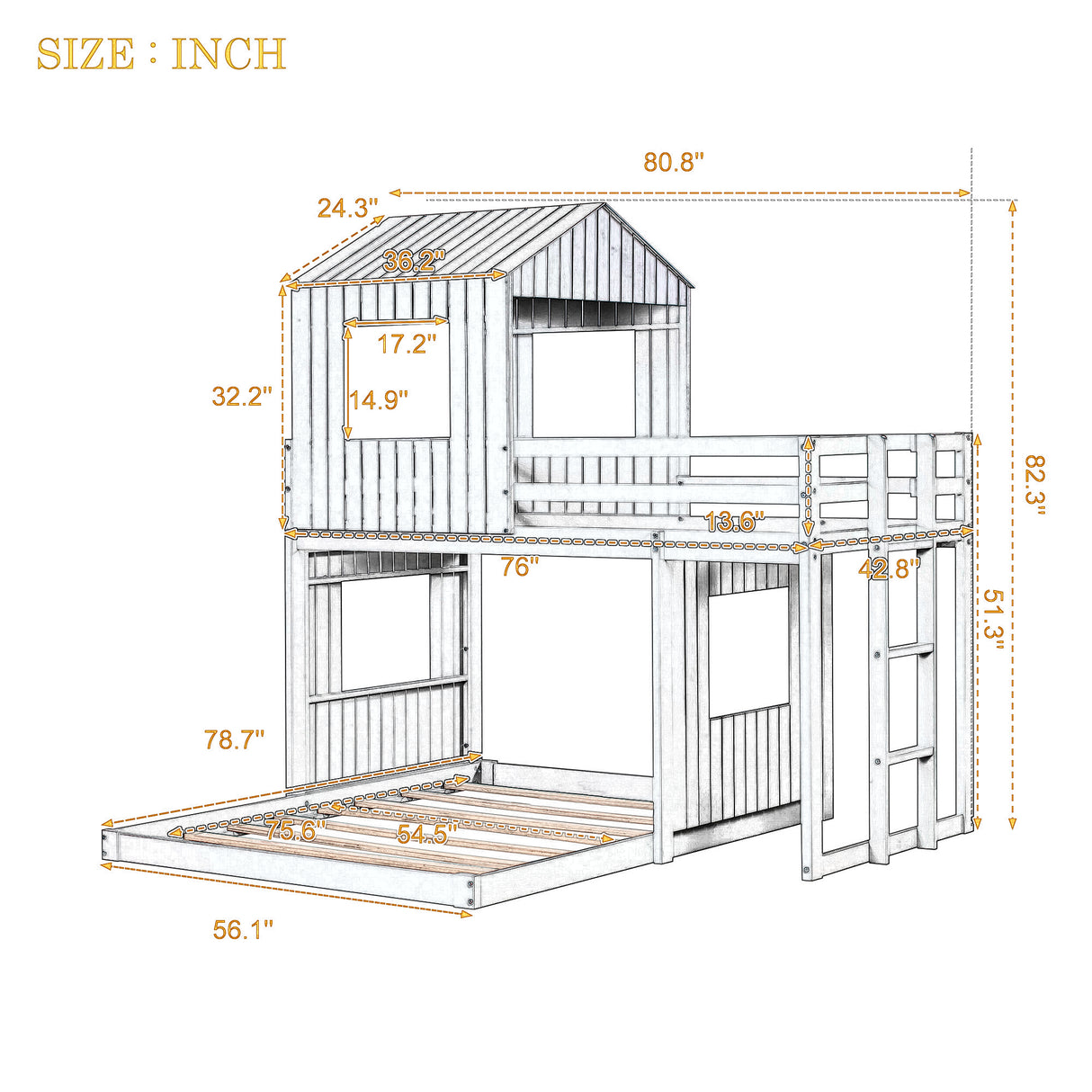 Wooden Twin Over Full Bunk Bed, Loft Bed with Playhouse, Farmhouse, Ladder and Guardrails , Antique Gray( old sku: LT000027AAE ) - Home Elegance USA