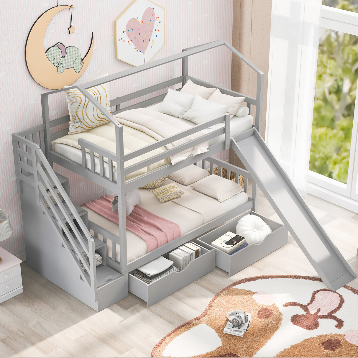Twin over Twin House Bunk Bed with Two Drawers and Slide,Storage Staircase,Gray - Home Elegance USA
