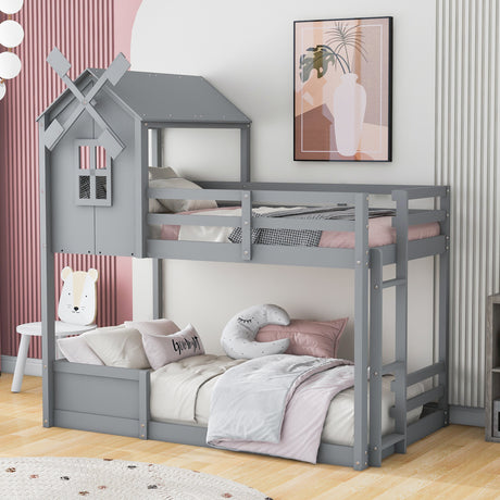 Twin over Twin Bunk Bed with Roof and Window, with Guardrails and Ladder, Gray - Home Elegance USA