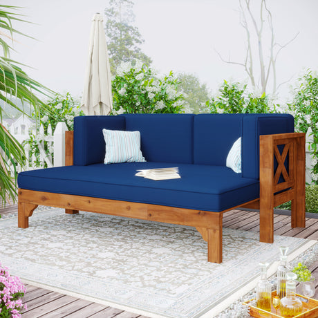TOPMAX Outdoor Patio Extendable Wooden Sofa Set Sectional Furniture Set with Thick Cushions for Balcony,Backyard, Poolside, Brown Finish+Blue Cushion - Home Elegance USA