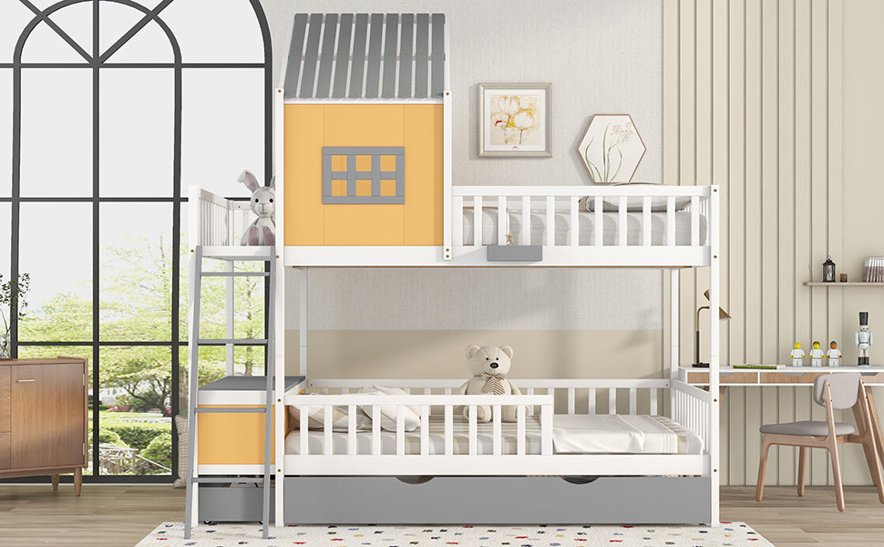 Full over Full Bunk Bed with Twin Size Trundle , Farmhouse Bed with Storage Box and Drawer - Yellow - Home Elegance USA