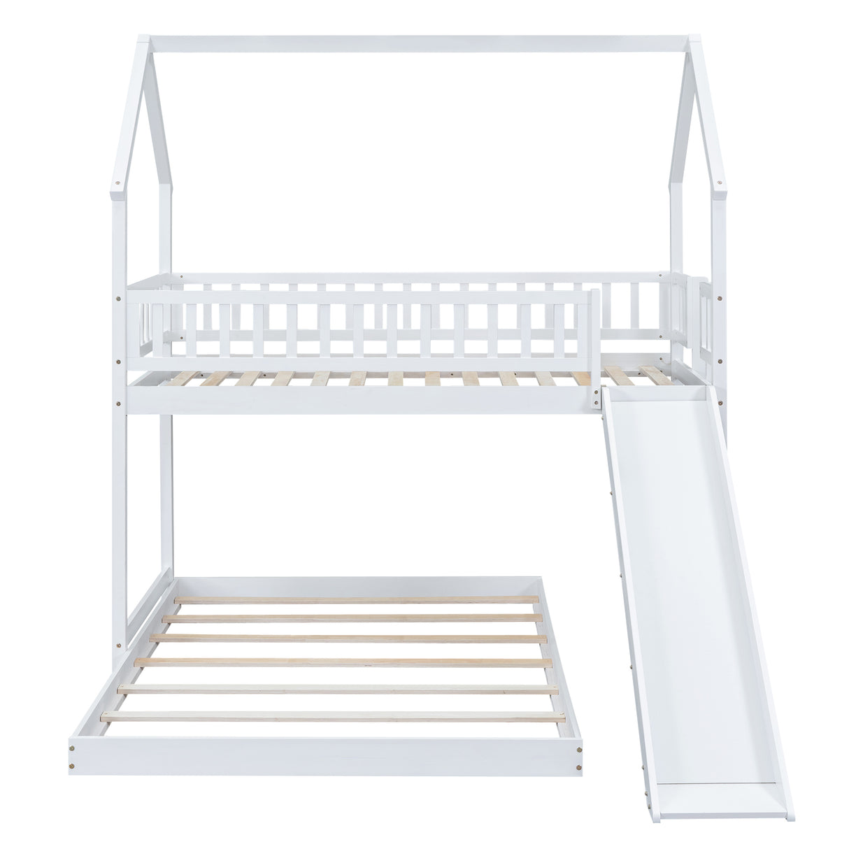 Twin over Full House Bunk Bed with Slide and Built-in Ladder, Full-Length Guardrail, White (Expected Arrival Time:8.10) - Home Elegance USA