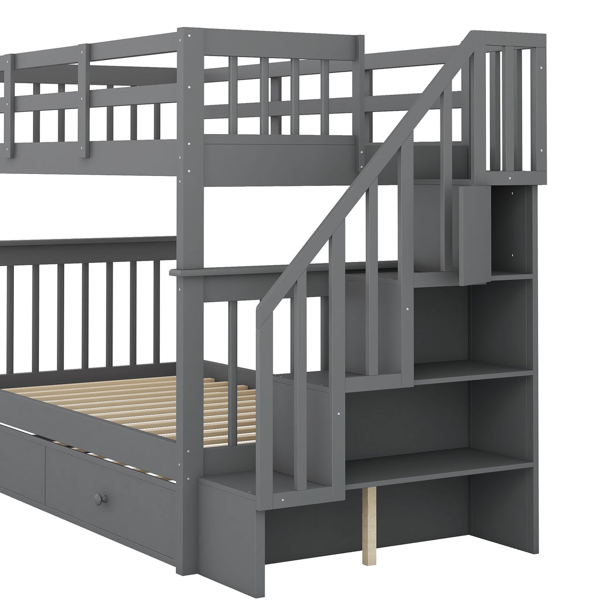 Stairway Twin-Over-Twin Bunk Bed with Twin size Trundle for Bedroom, Dorm, Adults, Gray( old sku: LP000209AAE ) - Home Elegance USA