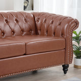 84.65"BROWN PU Rolled Arm Chesterfield Three Seater Sofa. | Home Elegance USA