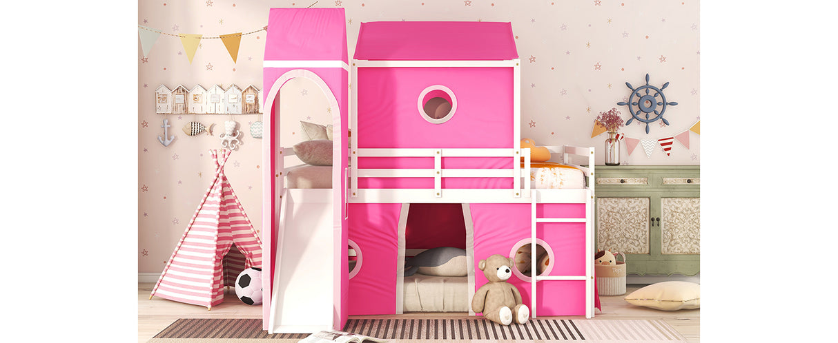 Full Size Bunk Bed with Slide Pink Tent and Tower - Pink - Home Elegance USA