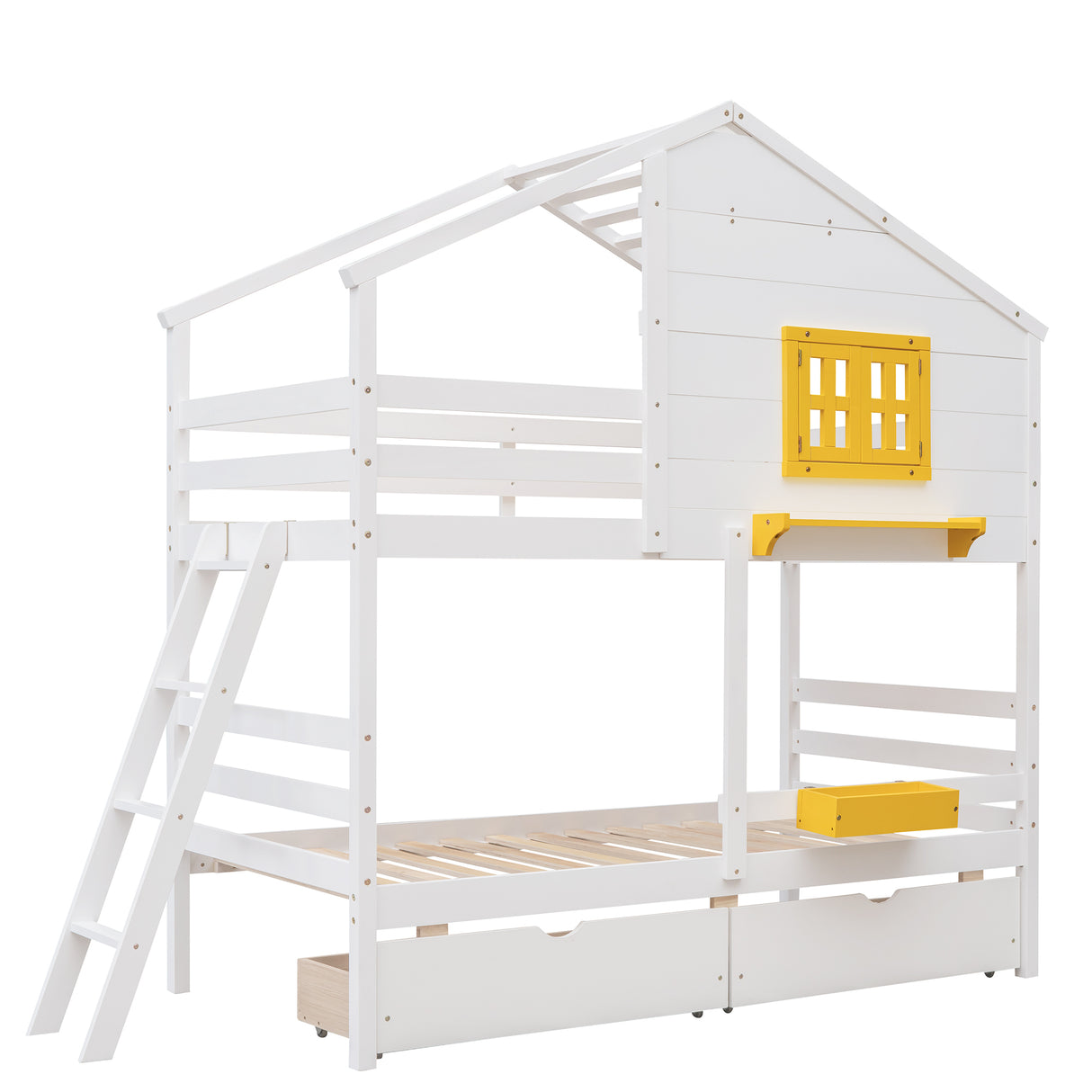 Twin over Twin Bunk Bed with 2 Drawers, 1 Storage Box, 1 Shelf, Window and Roof-White(OLD SKU:LT000608AAK) - Home Elegance USA