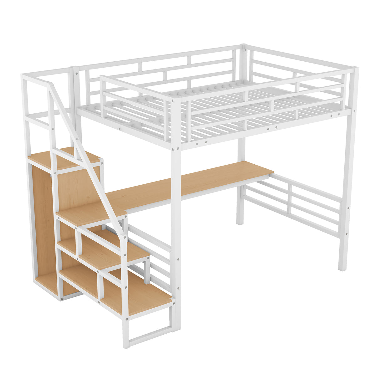 Full Size Metal Loft Bed with Desk, Storage Staircase and Small Wardrobe, Storage stairs can be installed left and right, White - Home Elegance USA