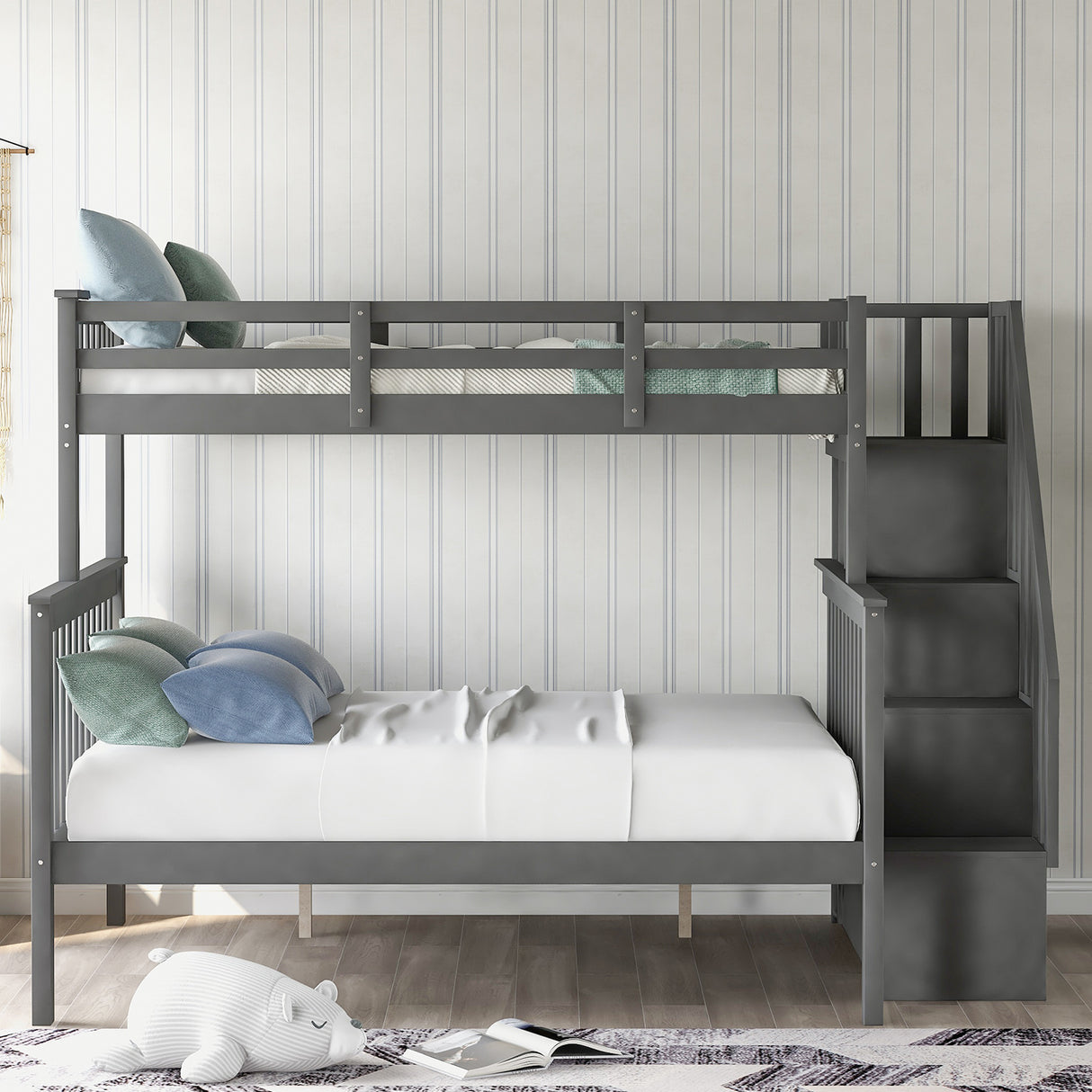 Stairway Twin-Over-Full Bunk Bed with Storage and Guard Rail for Bedroom, Dorm, fo Adults, Gray color - Home Elegance USA