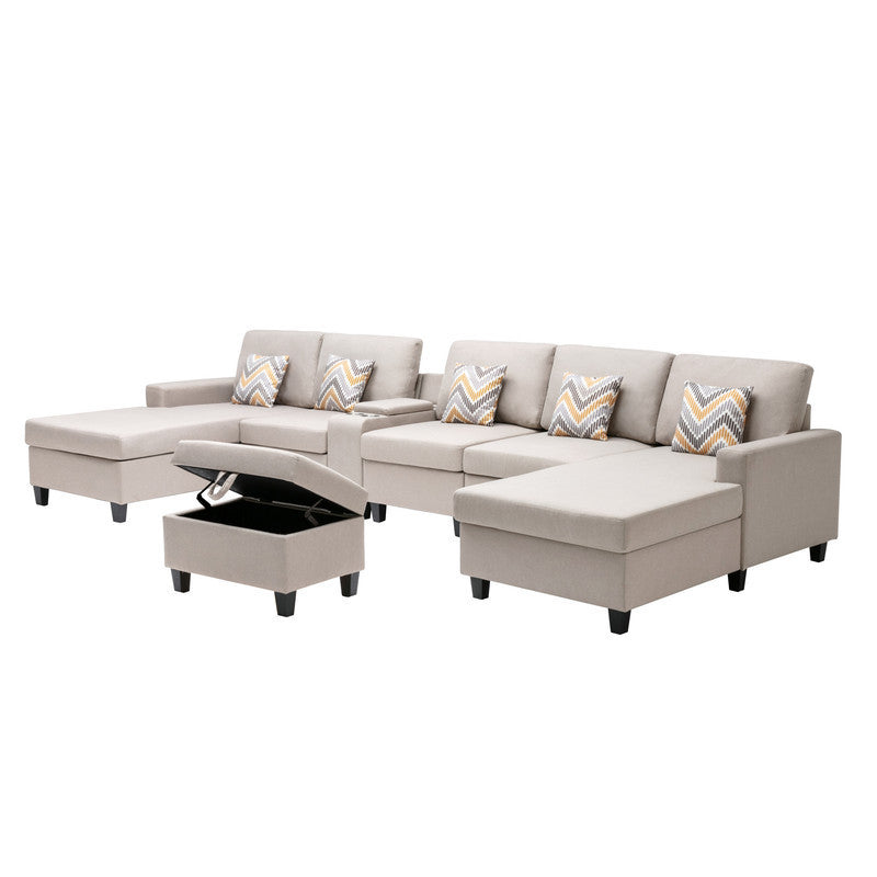 Nolan Beige Linen Fabric 7Pc Double Chaise Sectional Sofa with Interchangeable Legs, Storage Ottoman, Pillows, and a USB, Charging Ports, Cupholders, Storage Console Table - Home Elegance USA