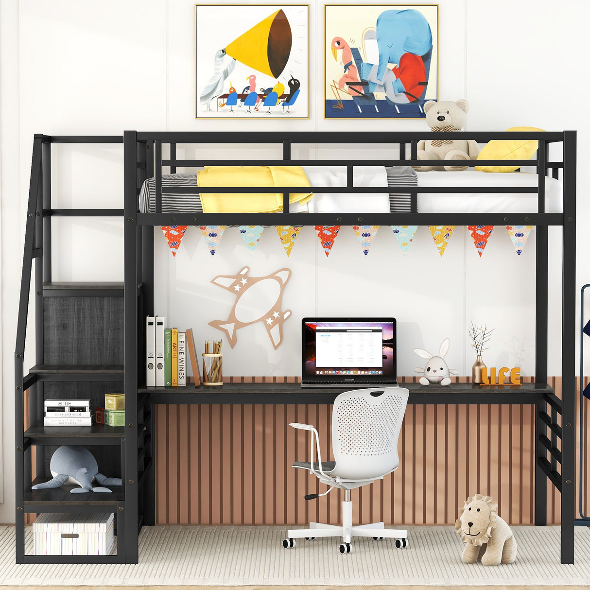 Full Size Metal Loft Bed with Desk, Storage Staircase and Small Wardrobe, Storage stairs can be installed left and right,Black - Home Elegance USA