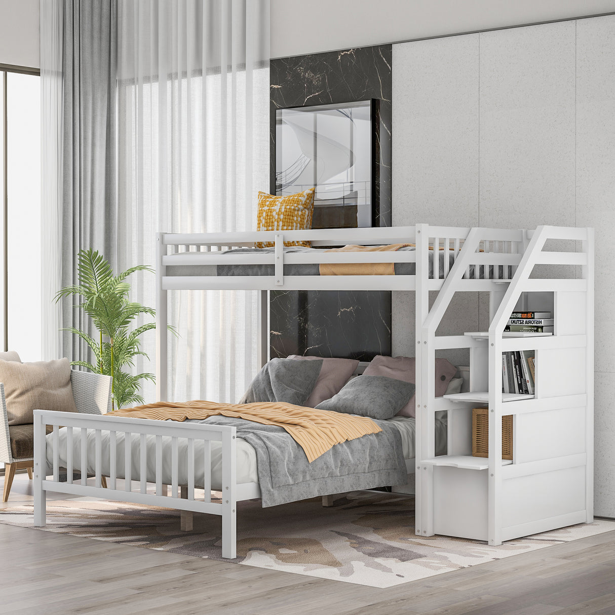 Twin over Full Loft Bed with Staircase,White(OLD SKU:SM000107AAK) - Home Elegance USA