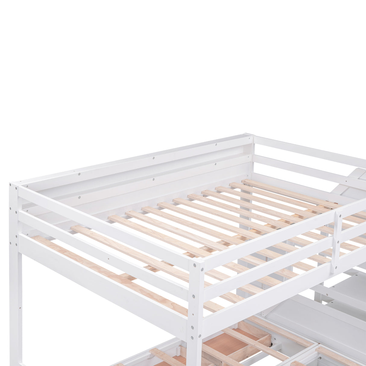 Wood Full Size Convertible Bunk Bed with Storage Staircase, Bedside Table, and 3 Drawers, White - Home Elegance USA