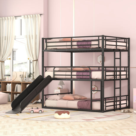 Full Size Metal Bunk Bed with Ladders and Slide, Divided into One Platform and Loft Bed, Black - Home Elegance USA