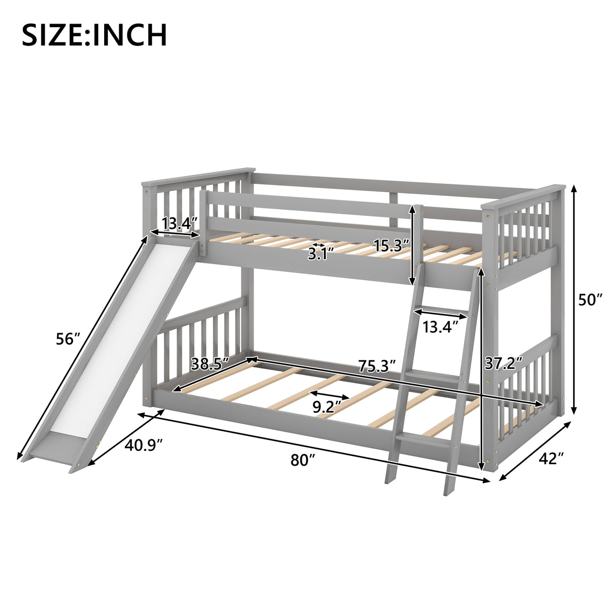 Twin over Twin Bunk Bed with Convertible Slide and Ladder, Gray - Home Elegance USA