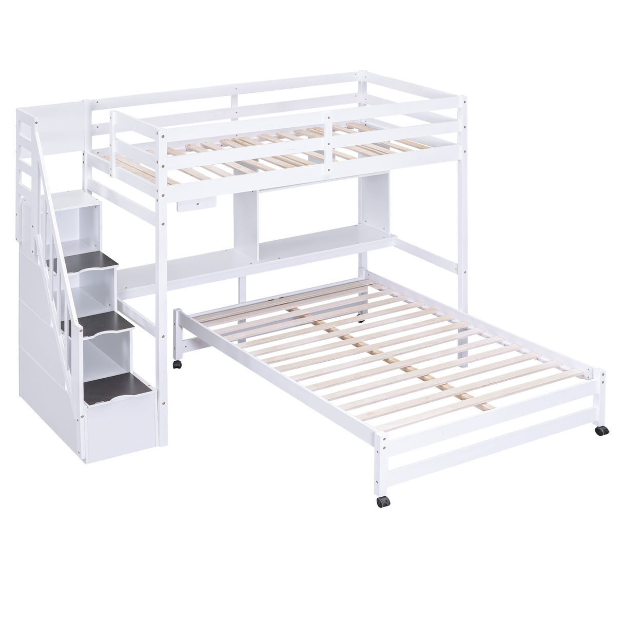 Twin over Full Bunk Bed with Storage Staircase, Desk, Shelves and Hanger for Clothes, White - Home Elegance USA