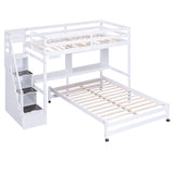 Twin over Full Bunk Bed with Storage Staircase, Desk, Shelves and Hanger for Clothes, White - Home Elegance USA