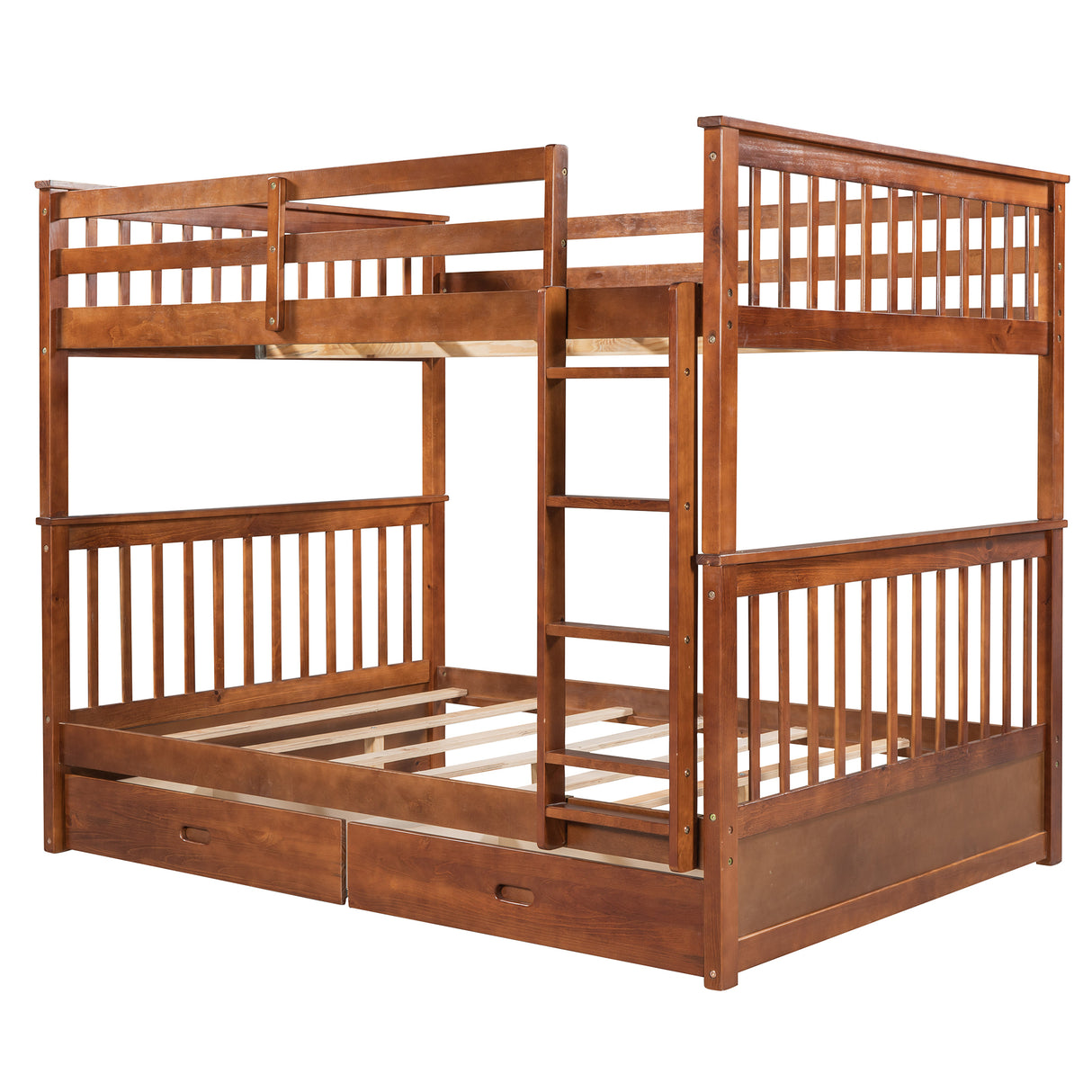 Full-Over-Full Bunk Bed with Ladders and Two Storage Drawers (Walnut) - Home Elegance USA