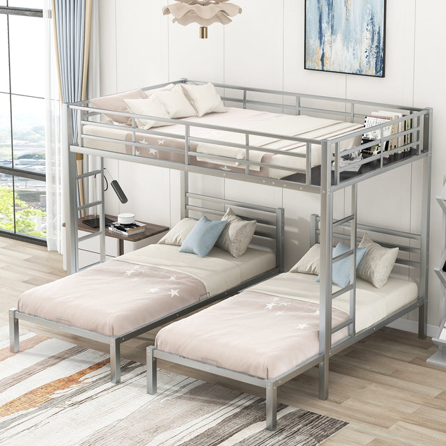 Full over Twin&Twin Size Bunk Bed with Built-in Shelf, Silver - Home Elegance USA