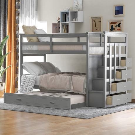 Solid Wood Bunk Bed, Hardwood Twin Over Twin Bunk Bed with Trundle and Staircase, Natural Gray Finish(Old SKU: LP000068AAE) - Home Elegance USA