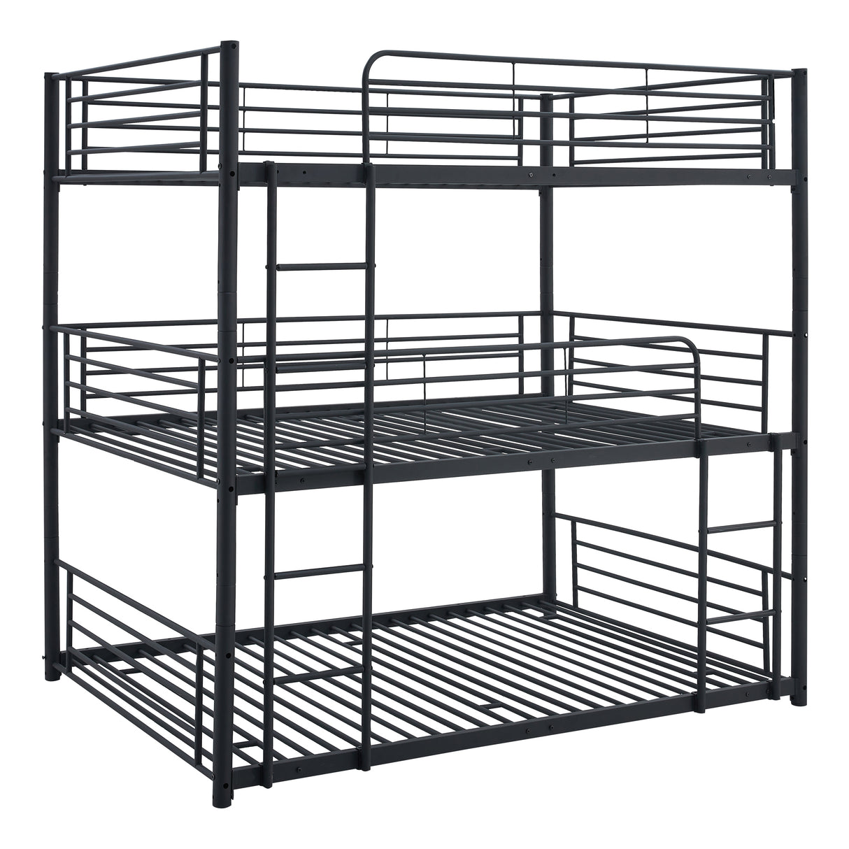 Full-Full-Full Metal  Triple Bed  with Built-in Ladder, Divided into Three Separate Beds,Black - Home Elegance USA