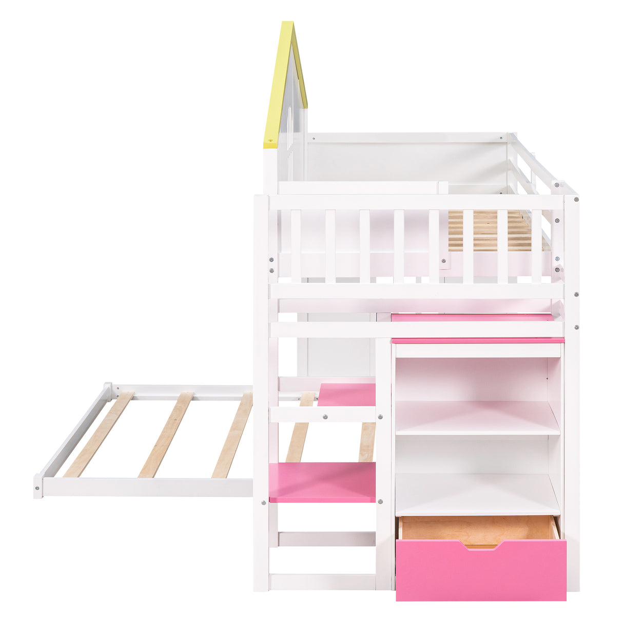 Twin over Full House Bunk Bed with Pink Staircase and Drawer,  Shelves Under the Staircase, House Shaped Bed with Windows, White - Home Elegance USA