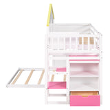 Twin over Full House Bunk Bed with Pink Staircase and Drawer,  Shelves Under the Staircase, House Shaped Bed with Windows, White - Home Elegance USA