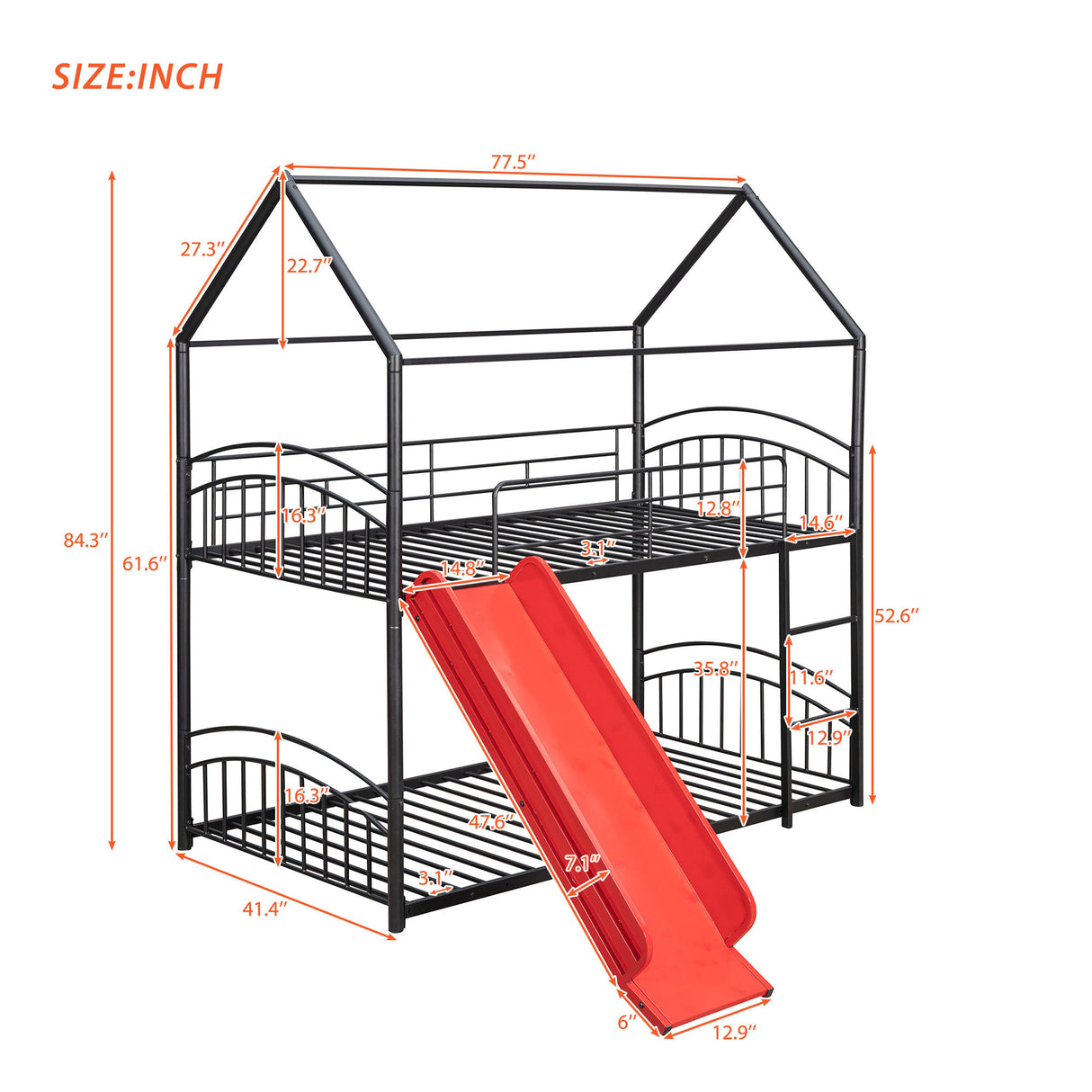 Twin Over Twin Metal Bunk Bed With Slide,Kids House Bed Black+Red - Home Elegance USA