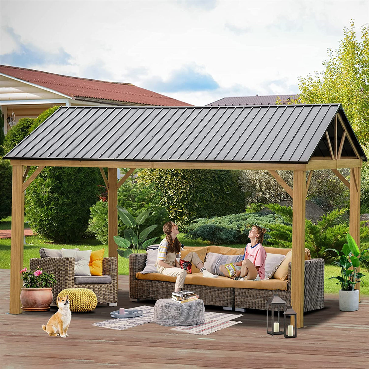 12'x14' Hardtop Gazebo Outdoor Aluminum Gazebo with Galvanized Steel Gable Canopy for Patio Decks Backyard (Yellow - Brown) - W1859S00013 - image - 1