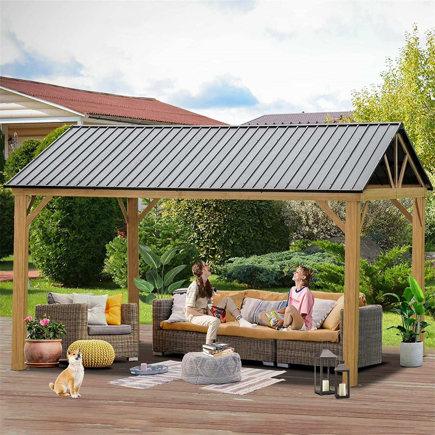 12'x14' Hardtop Gazebo Outdoor Aluminum Gazebo with Galvanized Steel Gable Canopy for Patio Decks Backyard (Yellow-Brown)