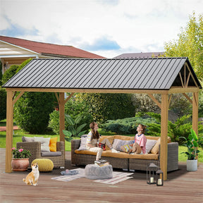 12'x14' Hardtop Gazebo Outdoor Aluminum Gazebo with Galvanized Steel Gable Canopy for Patio Decks Backyard (Yellow - Brown) | Home Elegance USA