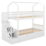 Multifunctional Twin over Twin House Bunk Bed with Staircase and Storage Space,White - Home Elegance USA