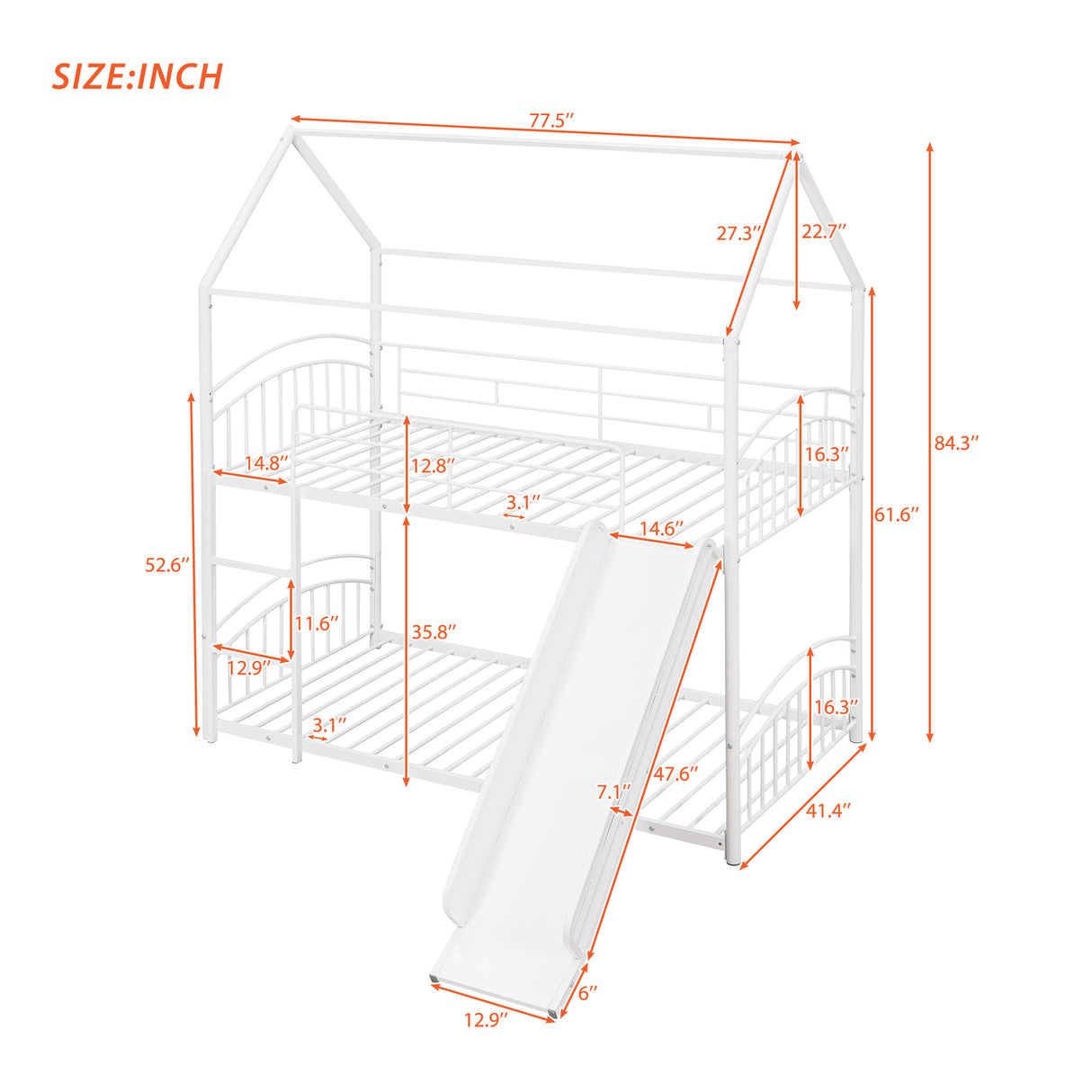 Twin Over Twin Metal Bunk Bed With Slide,Kids House Bed White - Home Elegance USA