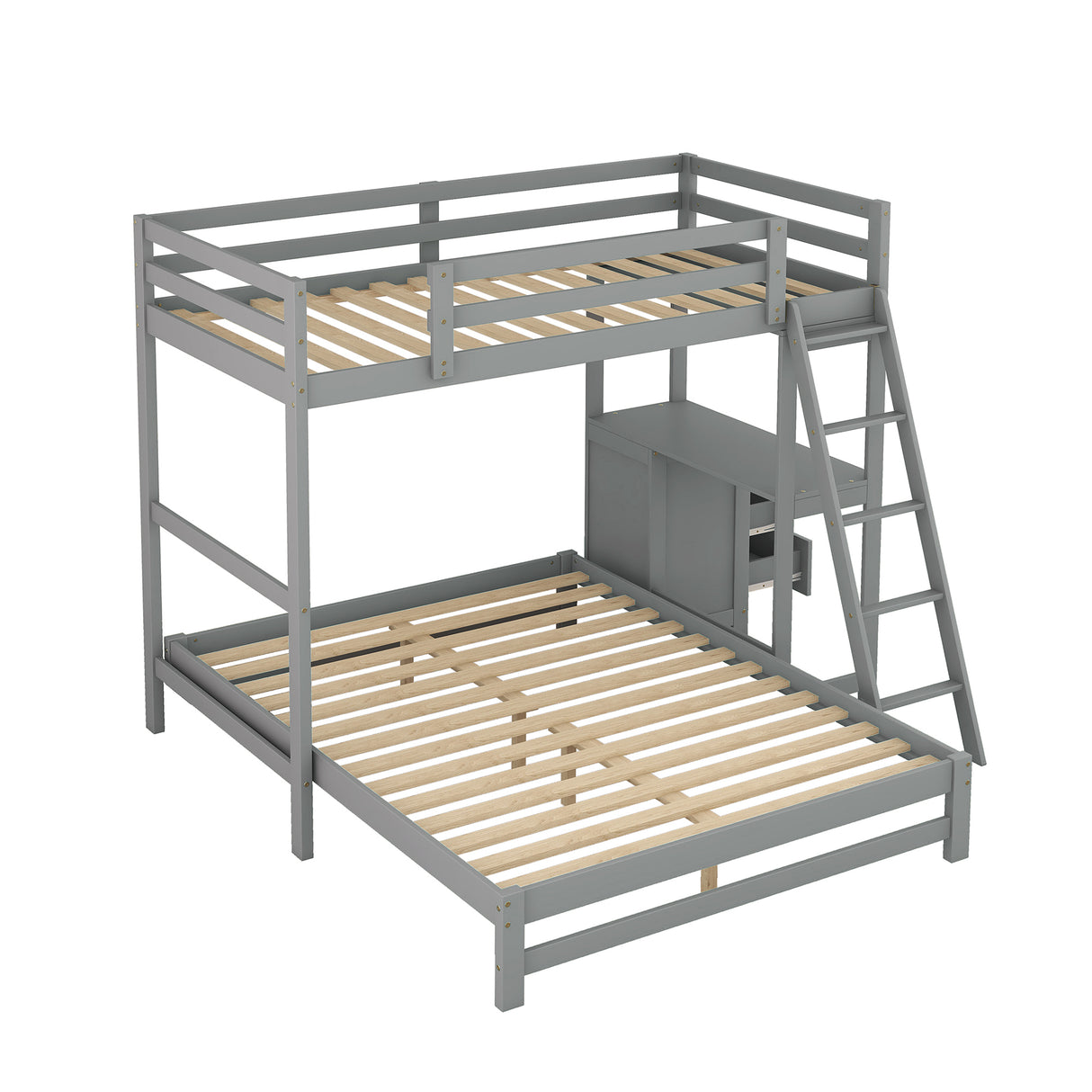 Twin over Full Bunk Bed with Built-in Desk and Three Drawers,Grey - Home Elegance USA