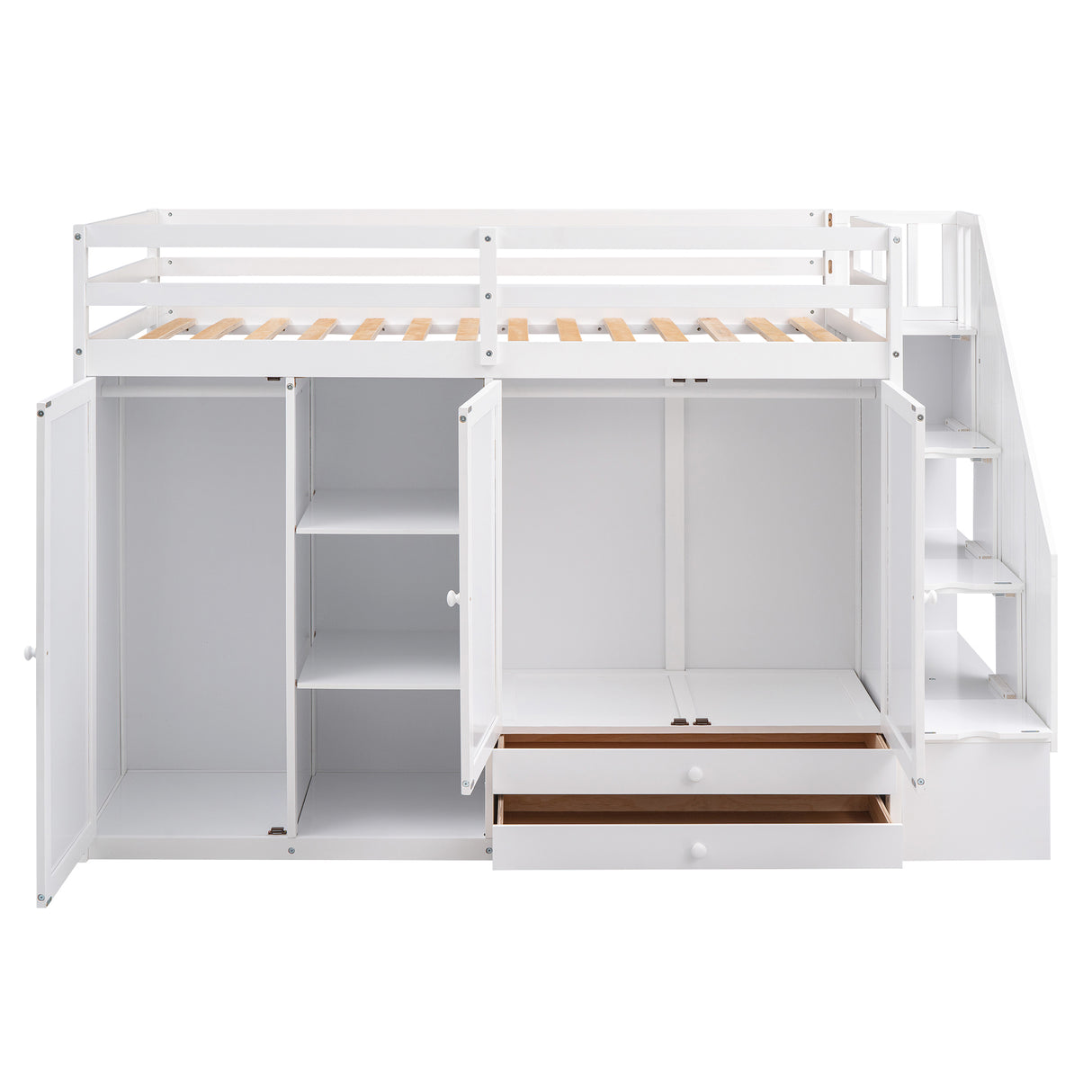 Functional Loft Bed with 3 Shelves, 2 Wardrobes and 2 Drawers,  Ladder with Storage, No Box Spring Needed, White - Home Elegance USA