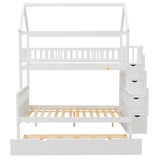 Twin over Full Size House Bunk Bed with Storage Staircase and Trundle,Full-Length Guardrail,White - Home Elegance USA