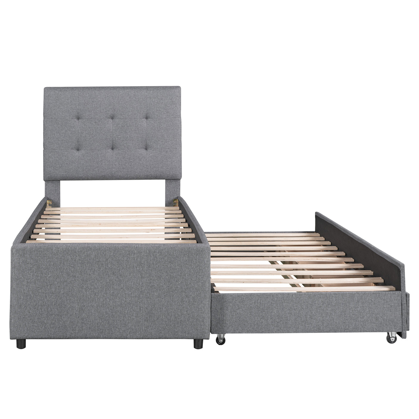 Twin Size Upholstered Platform Bed with Pull-out Twin Size Trundle and 3 Drawers, Gray - Home Elegance USA