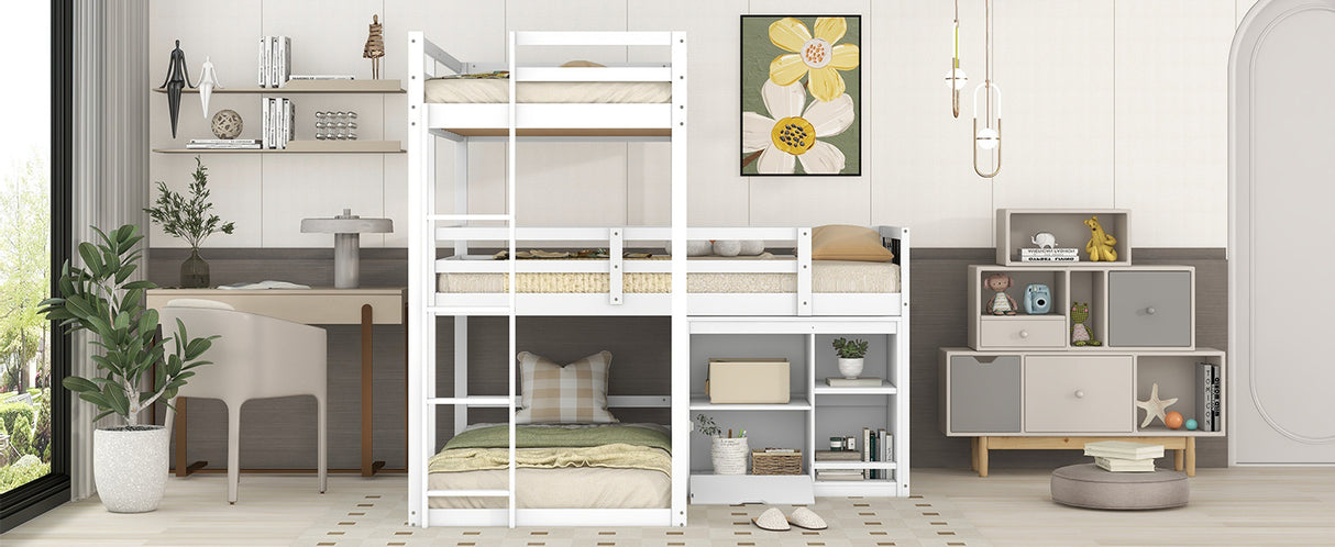 L-shaped Wood Triple Twin Size Bunk Bed with Storage Cabinet and Blackboard, Ladder, White - Home Elegance USA