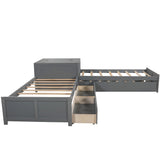 L-shaped Platform Bed with Trundle and Drawers Linked with built-in Flip Square Table,Twin,Gray - Home Elegance USA
