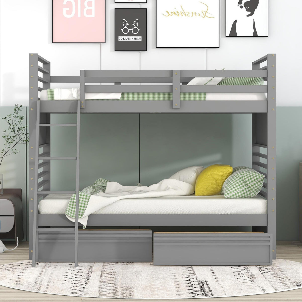 Twin over Twin Wood Bunk Bed with Two Drawers - Gray - Home Elegance USA