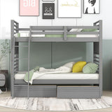 Twin over Twin Wood Bunk Bed with Two Drawers - Gray - Home Elegance USA