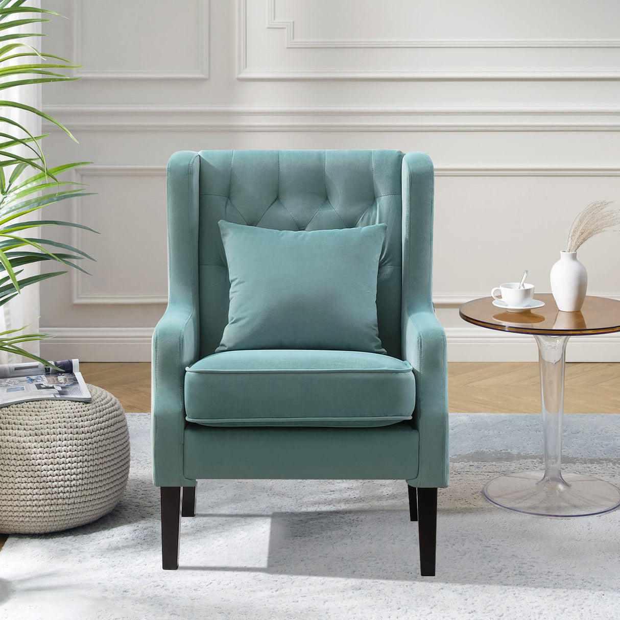 Vanbow.Modern chair with backrest, Bedroom, Living room, Reading chair(Seaweed Green) - Home Elegance USA
