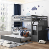 Twin-Over-Twin Bunk Bed with Twin Size Trundle and 3 Storage Stairs,Gray (OLD SKU :LP000064AAE) - Home Elegance USA