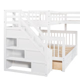 Twin over Full L-Shaped Bunk Bed With 3 Drawers, Ladder and Staircase - White - Home Elegance USA