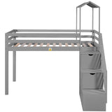 Twin over Full House Roof Bunk Bed with Staircase and Shelves, Gray - Home Elegance USA