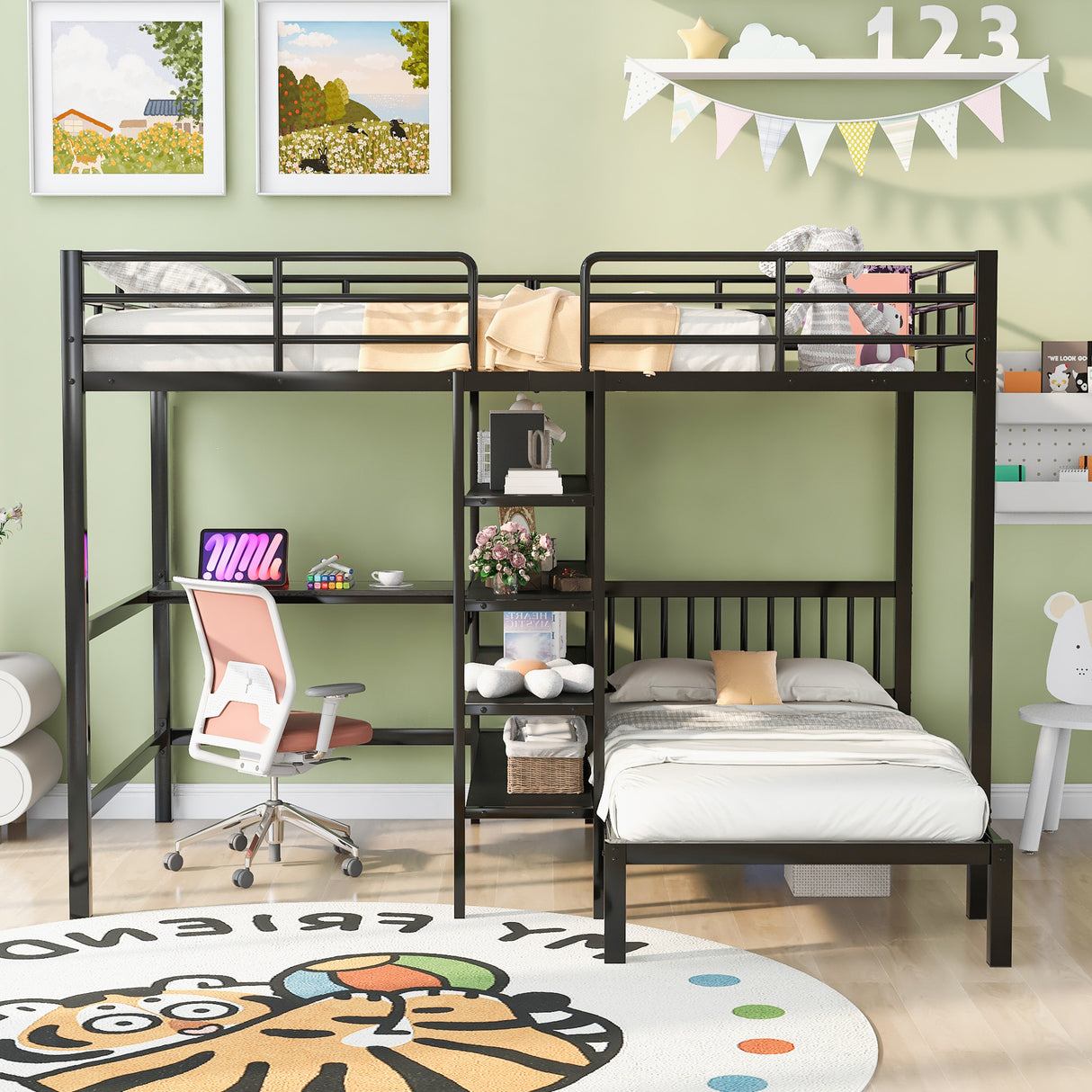 Full Over Twin Metal Bunk Bed with Built-in Desk, Shelves and Ladder, Black