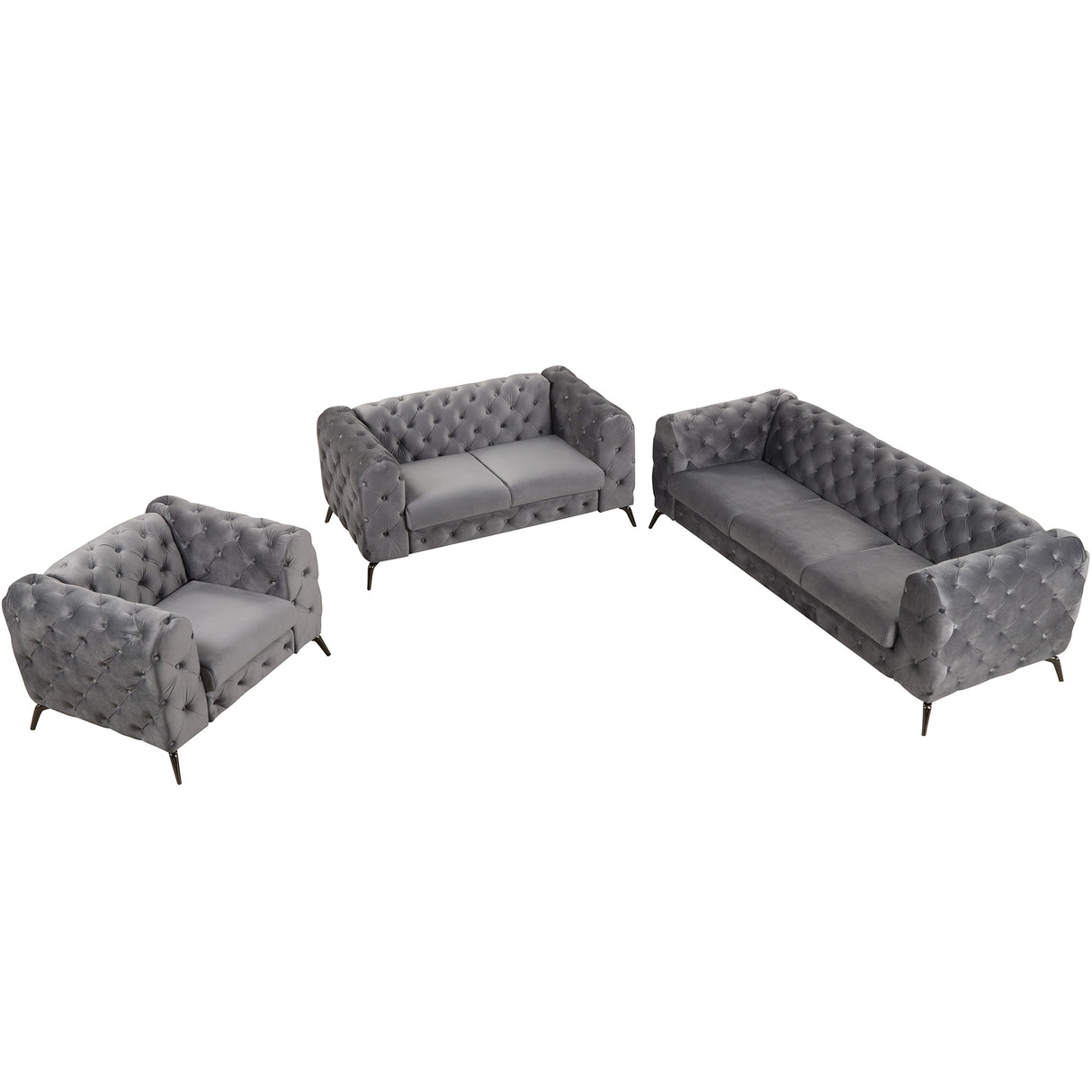 Modern 3-Piece Sofa Sets with Sturdy Metal Legs,Velvet Upholstered Couches Sets Including Three Seat Sofa, Loveseat and Single Chair for Living Room Furniture Set,Gray Home Elegance USA