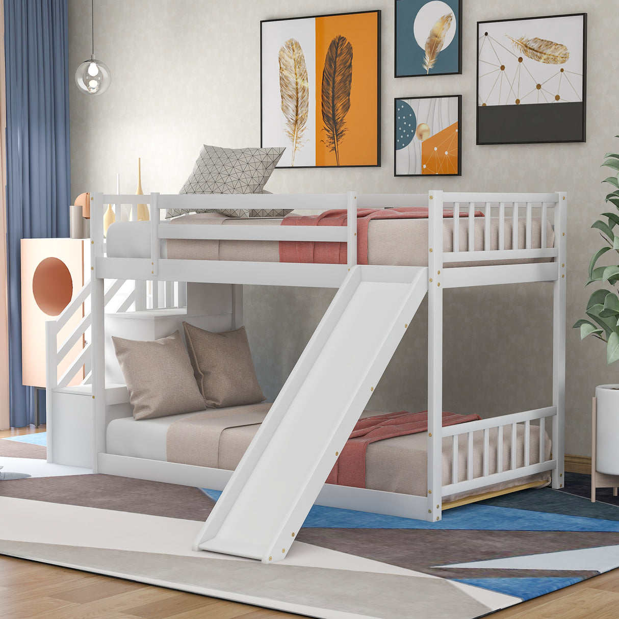 Twin over Twin Bunk Bed with Convertible Slide and Stairway, White - Home Elegance USA