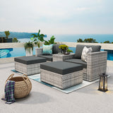 5 Pieces Wicker Sofa Set Grey Wicker+ Grey Cushion with Weather Protecting Cover
