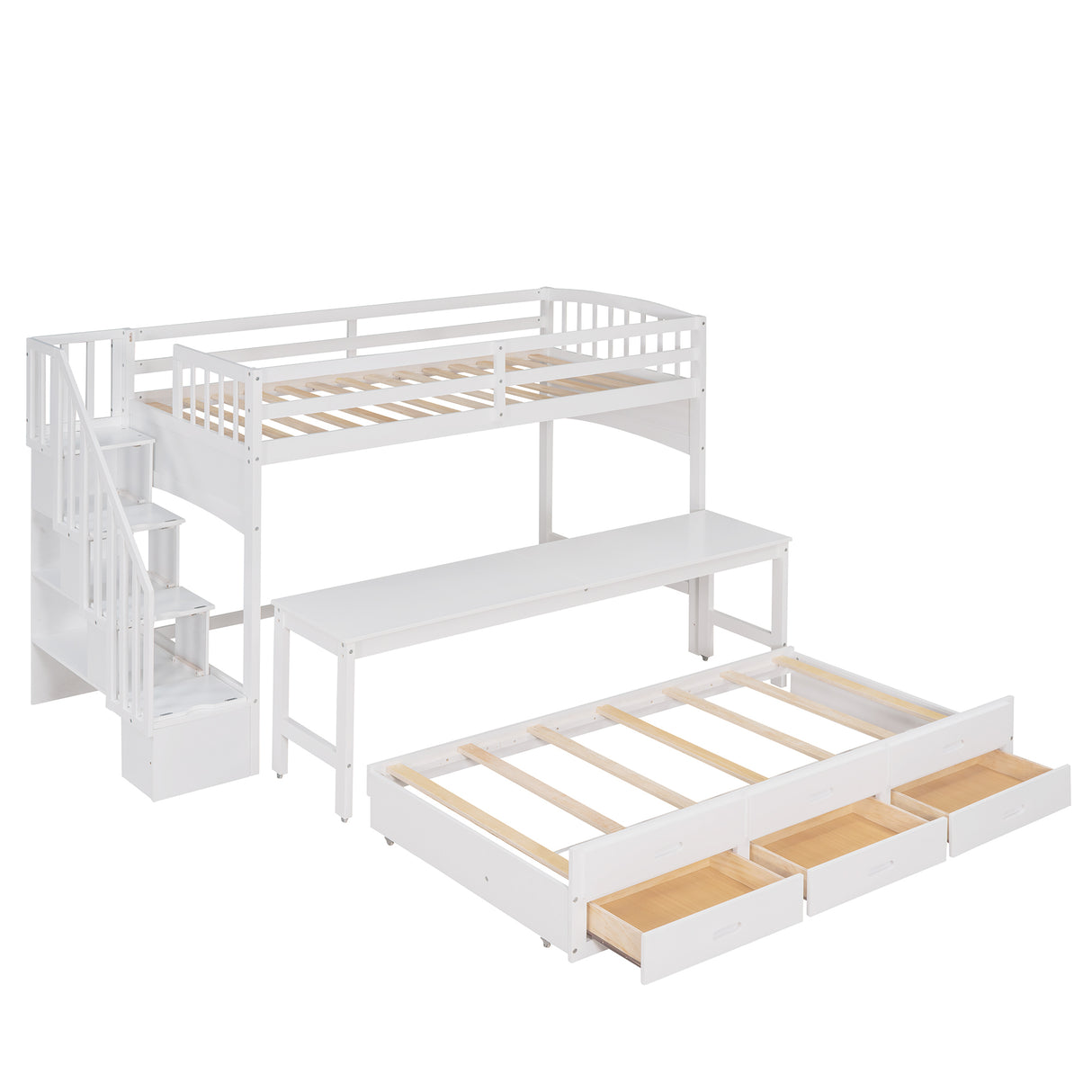 Stairway Twin XL Loft Bed with Twin Size Trundle and 3 Drawers, Storage, Desk, White - Home Elegance USA