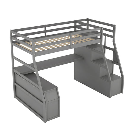 Twin Size Loft Bed with with 7 Drawers 2 Shelves and Desk - Gray